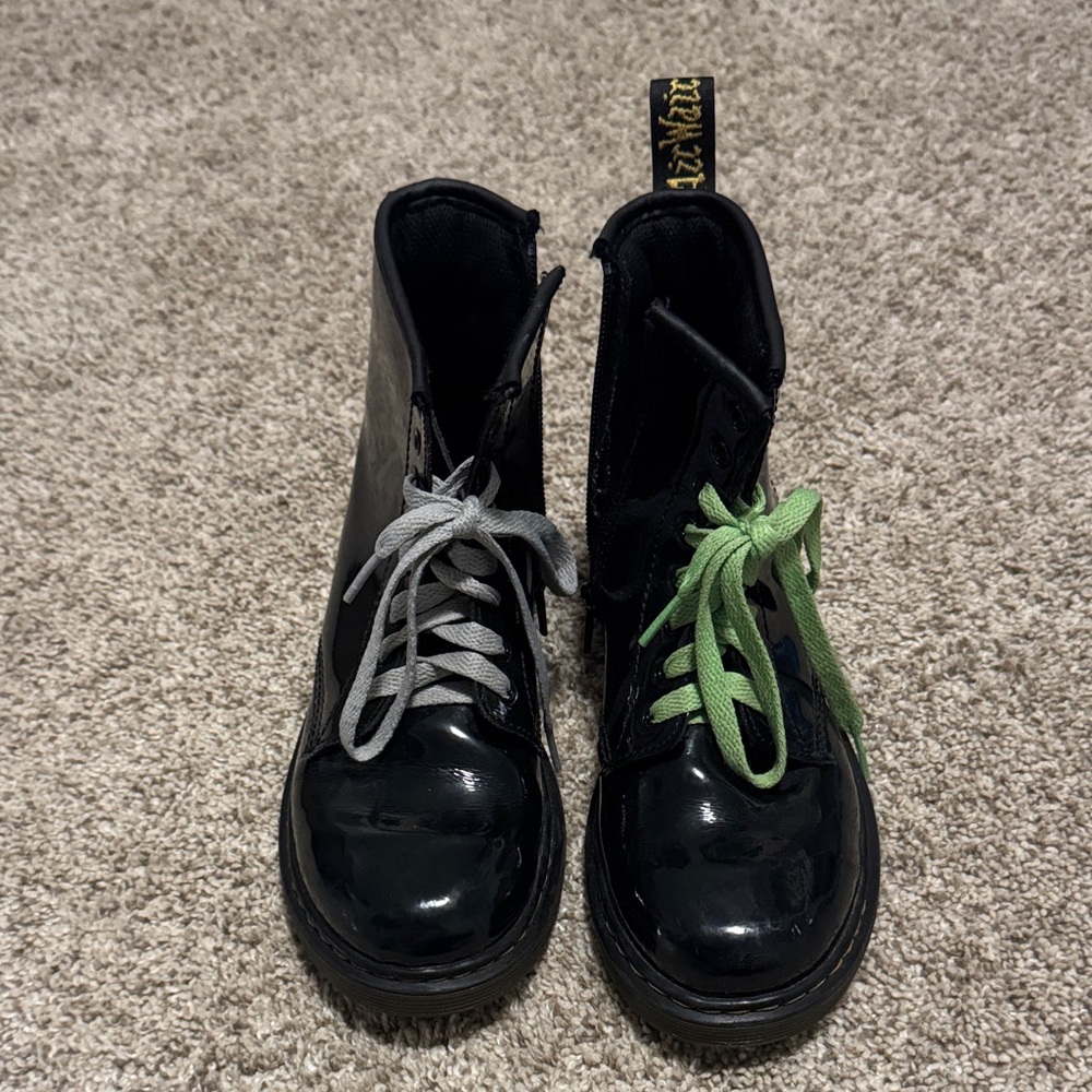 Dr. Martens Black Kids Boots with Gray and Green Laces